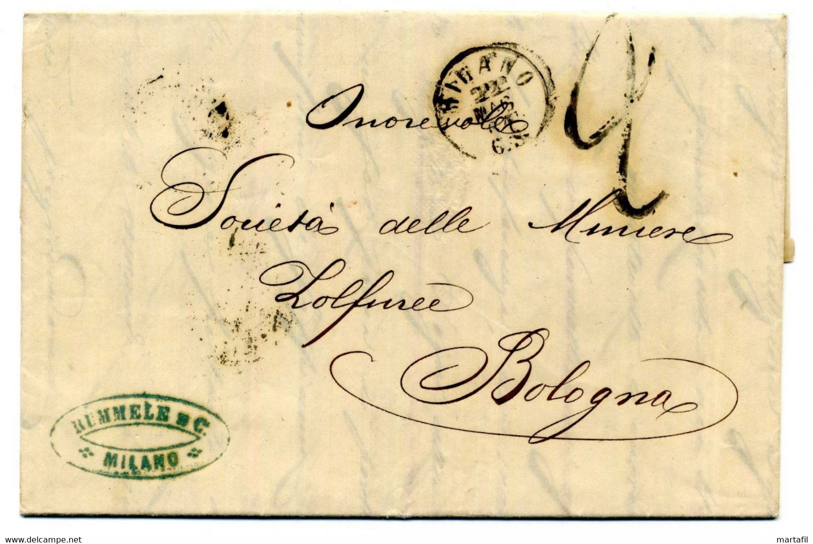 1861 Lettera Milano (Rummele & C.) Per Bologna Annulli Alessandria E Bologna - ...-1850 Préphilatélie