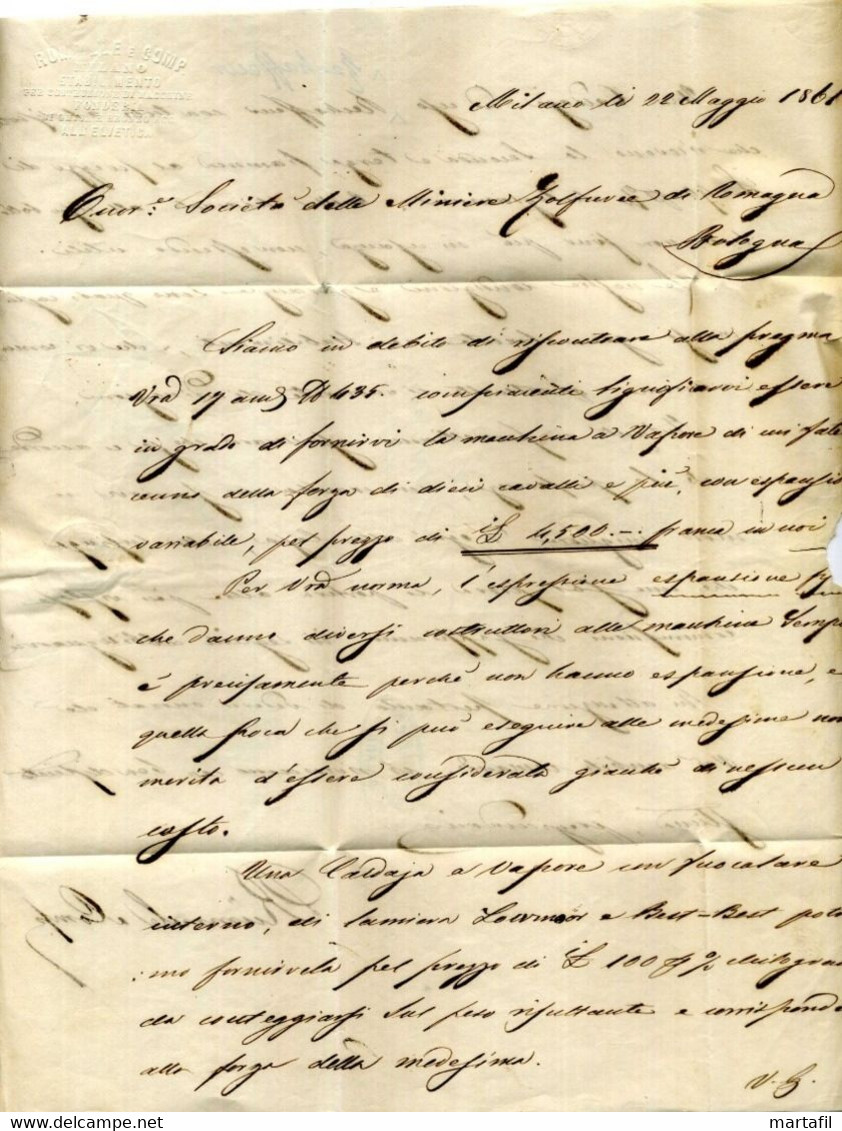 1861 Lettera Milano (Rummele & C.) Per Bologna Annulli Alessandria E Bologna - 1. ...-1850 Vorphilatelie