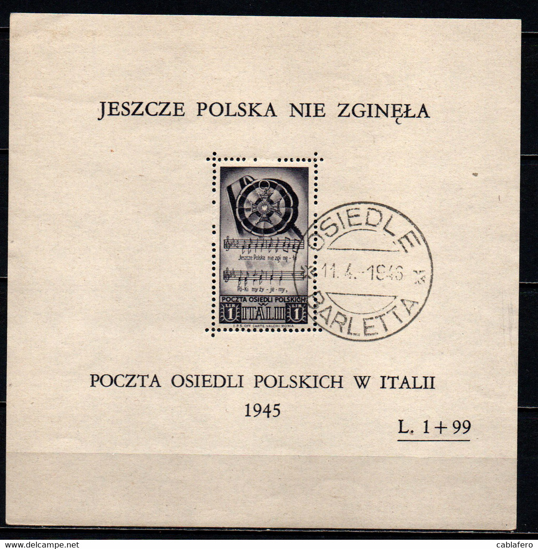 ITALIA - CORPO POLACCO - 1945 - SOCCORSO DI GUERRA - FOGLIETTO - SOUVENIR SHEET - USATO - 1946-47 Période Corpo Polacco