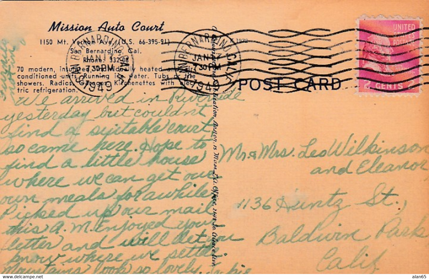 San Bernadino California, Route 66 Lodging, Mission Auto Court, C1940s Vintage Postcard - Ruta ''66' (Route)
