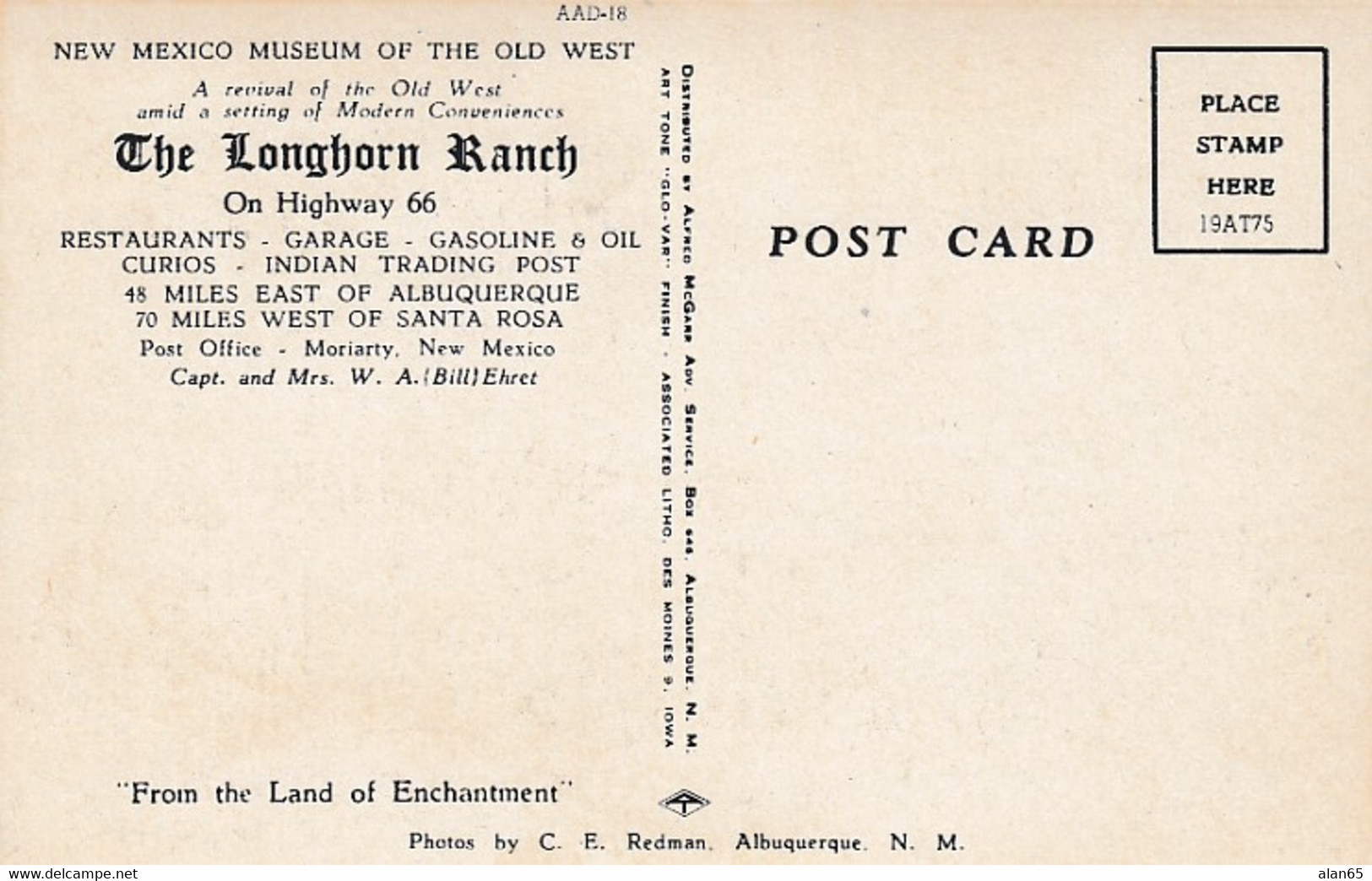 Moriarity New Mexico, Route 66 , Longhorn Ranch Museum Of The Old West, C1940s/50s Vintage Postcard - Route ''66'