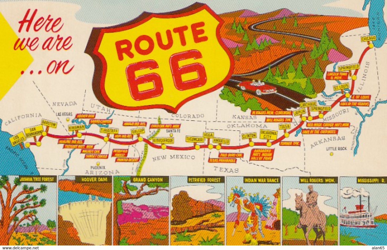 Route 66 Map Across US Chicago To Los Angeles, C1950s/60s Vintage Postcard - Route ''66'