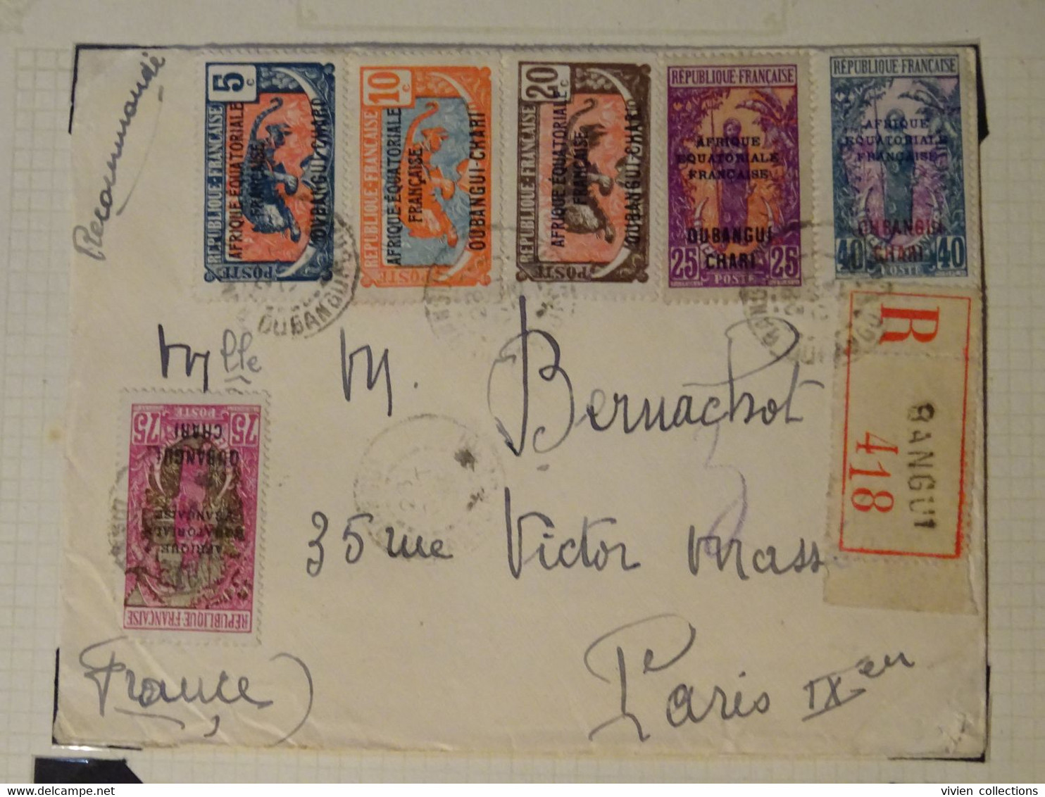 France Colonies Françaises Oubangui 1933 Lettre Recommandé De France Aviation à Bangui Pour Paris (avec 7 Timbres !) - Storia Postale