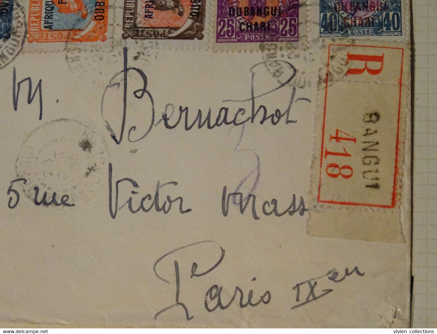 France Colonies Françaises Oubangui 1933 Lettre Recommandé De France Aviation à Bangui Pour Paris (avec 7 Timbres !) - Lettres & Documents