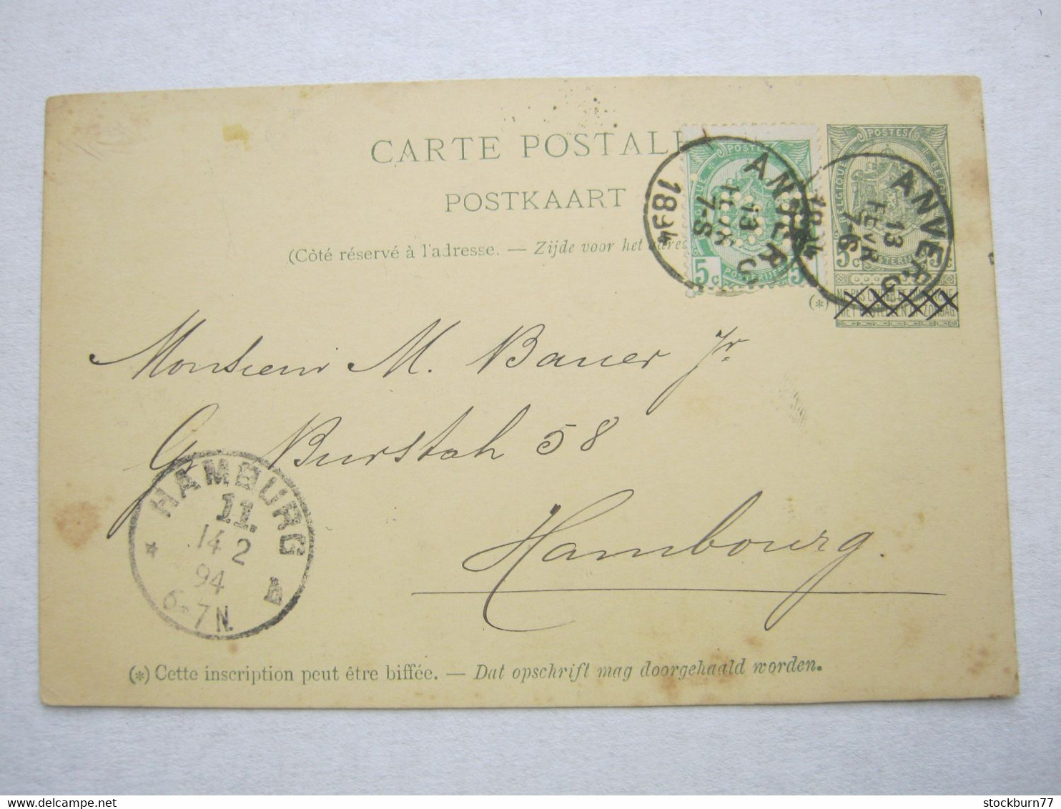 1894 , ANVERS   , Firmenlochung , Perfin   E.V.  , Carte Postale - 1863-09