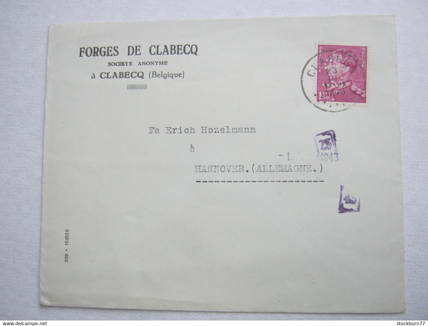 1943 , CLABECQ   , Firmenlochung , Perfin   E.V.  , Lettre Censure - 1934-51