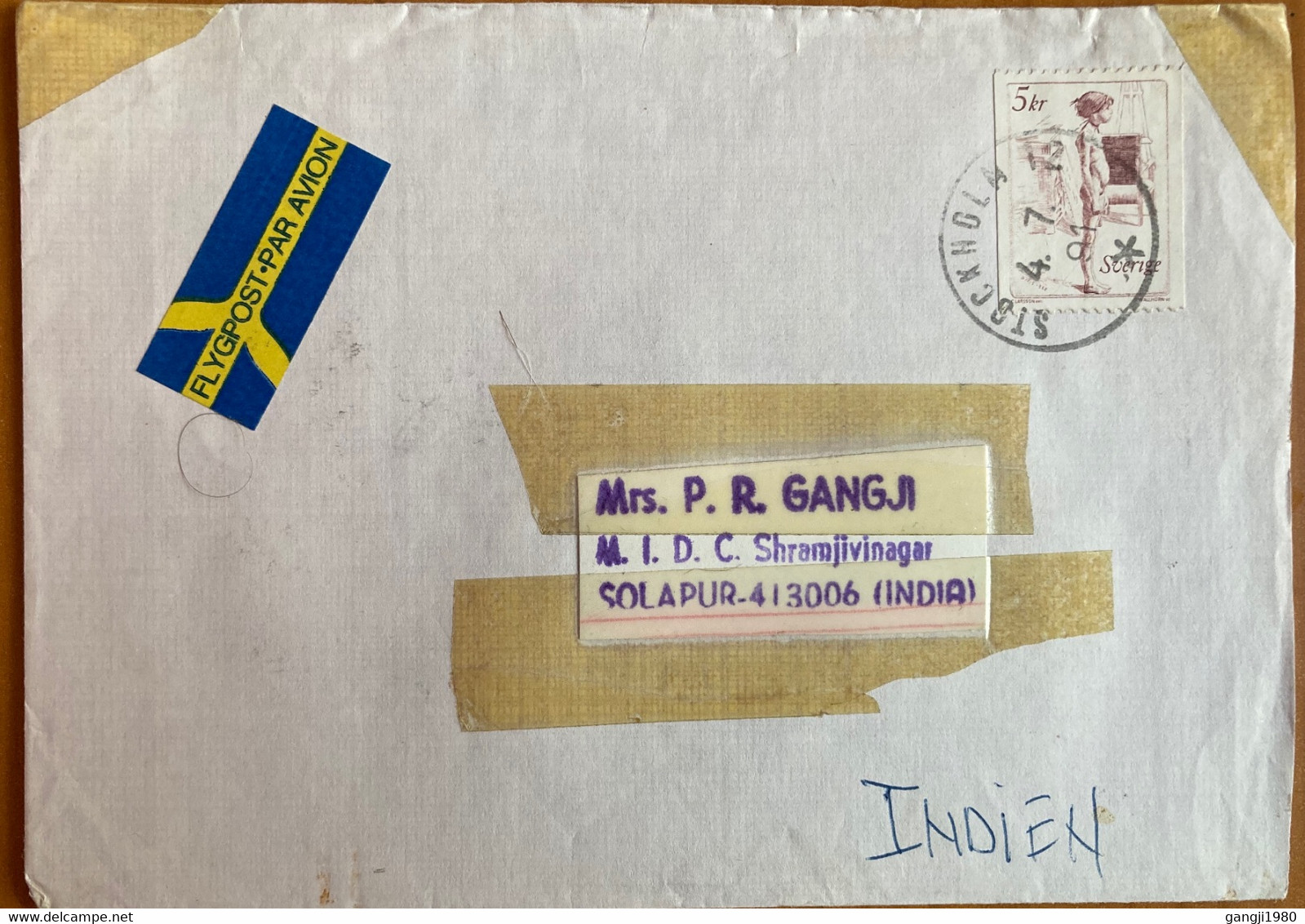 SWEDEN 1991, AIRMAIL USED COVER TO INDIA 5 KR STAMP - Covers & Documents