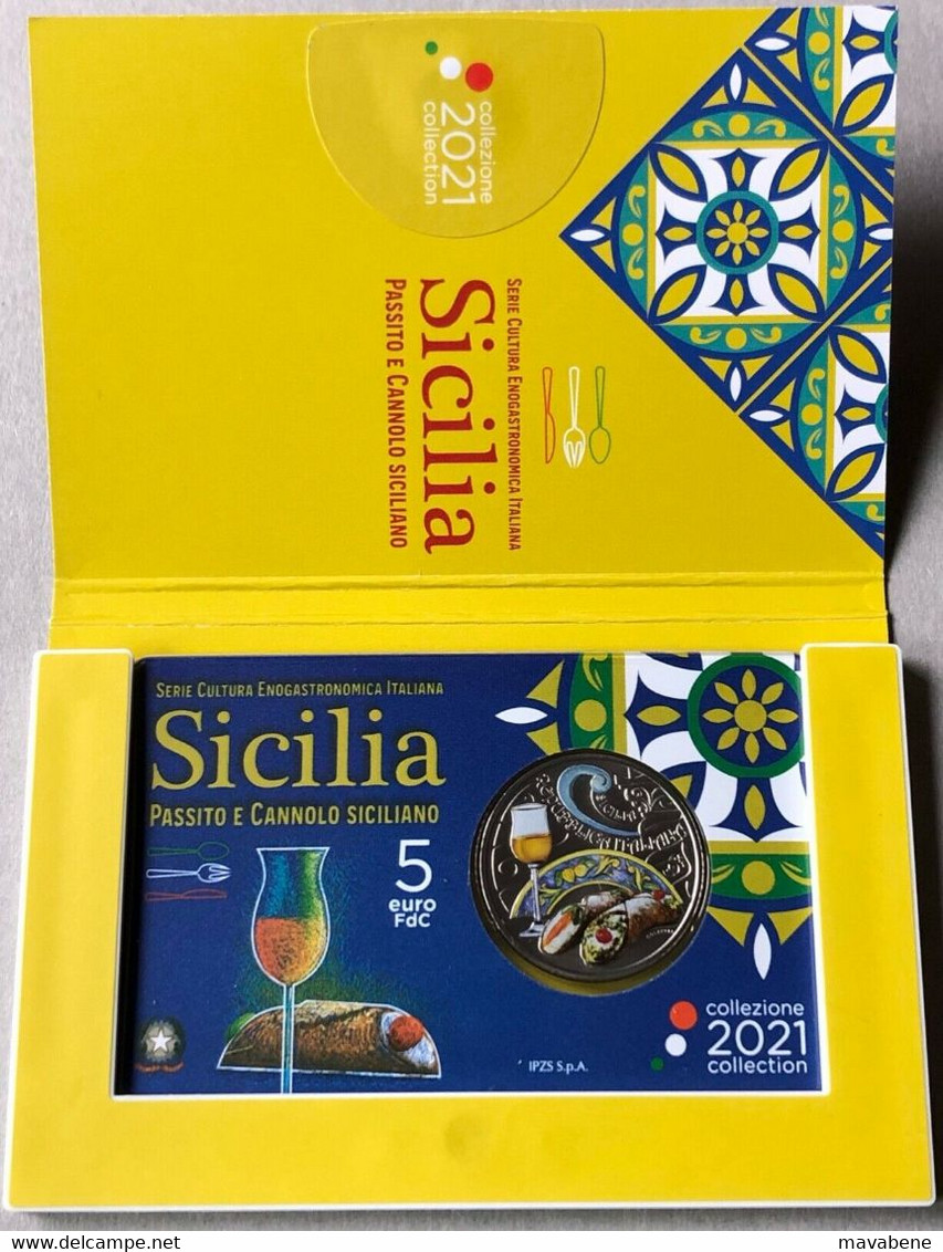 ITALIA 2021 MONETA FDC 5 EURO SICILIA PASSITO E CANNOLO SICILIANO COINCARD IPZS - Verzamelingen