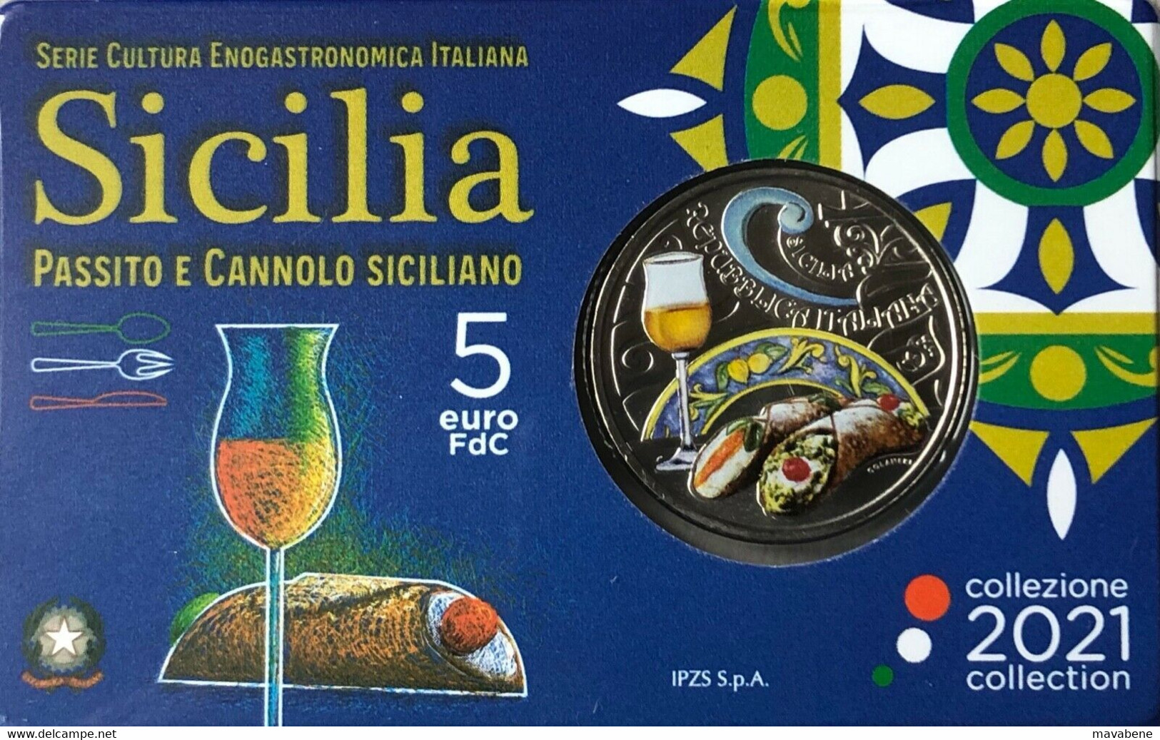 ITALIA 2021 MONETA FDC 5 EURO SICILIA PASSITO E CANNOLO SICILIANO COINCARD IPZS - Collections