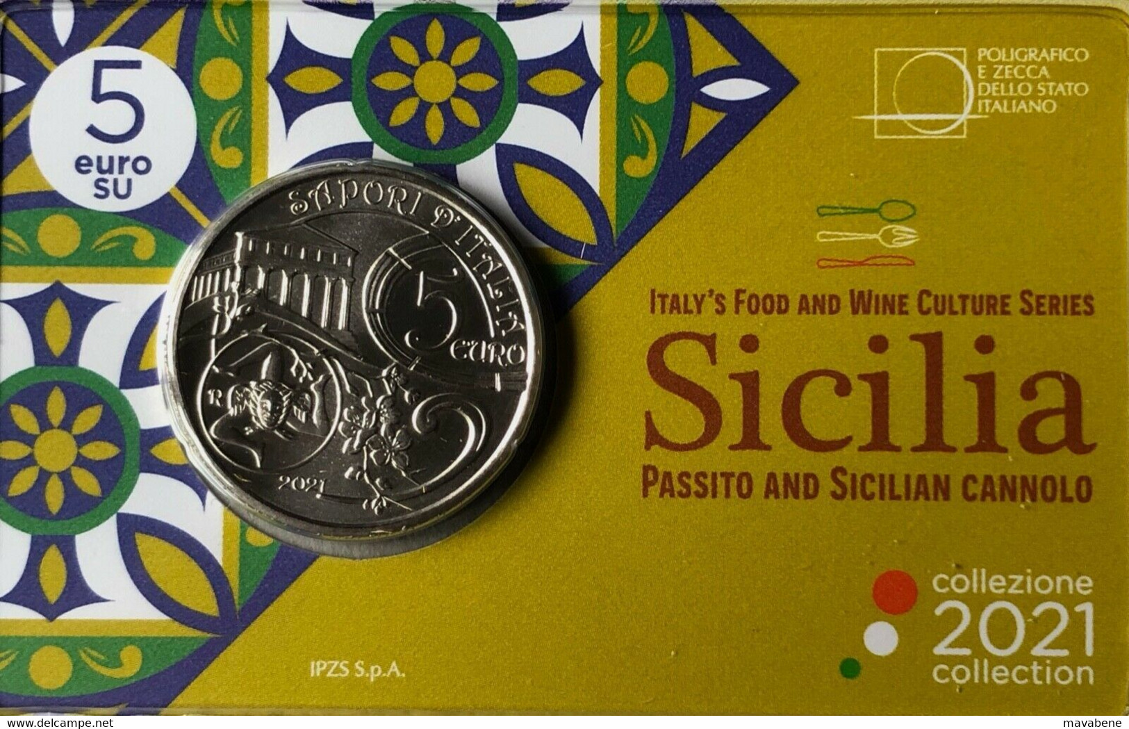 ITALIA 2021 MONETA FDC 5 EURO SICILIA PASSITO E CANNOLO SICILIANO COINCARD IPZS - Colecciones