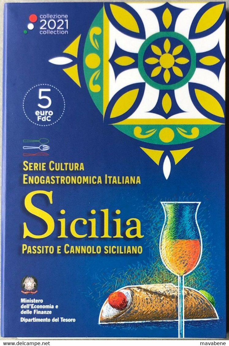 ITALIA 2021 MONETA FDC 5 EURO SICILIA PASSITO E CANNOLO SICILIANO COINCARD IPZS - Collections