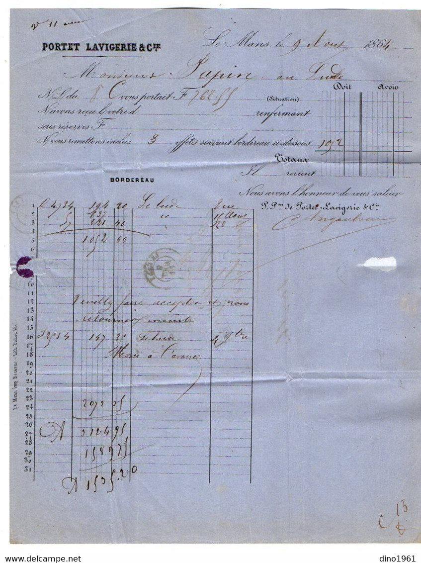 VP19.399 - 1864- Lettre / Bordereau - Banque - PORTET LAVIGERIE & Cie à LE MANS Pour LE LUDE - Banco & Caja De Ahorros