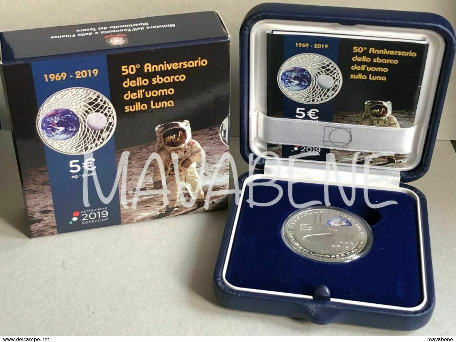 ITALIA 2019 MONETA SBARCO SULLA LUNA 5 EURO ARGENTO PROOF MOON LANDING SILVER IPZS - Collezioni