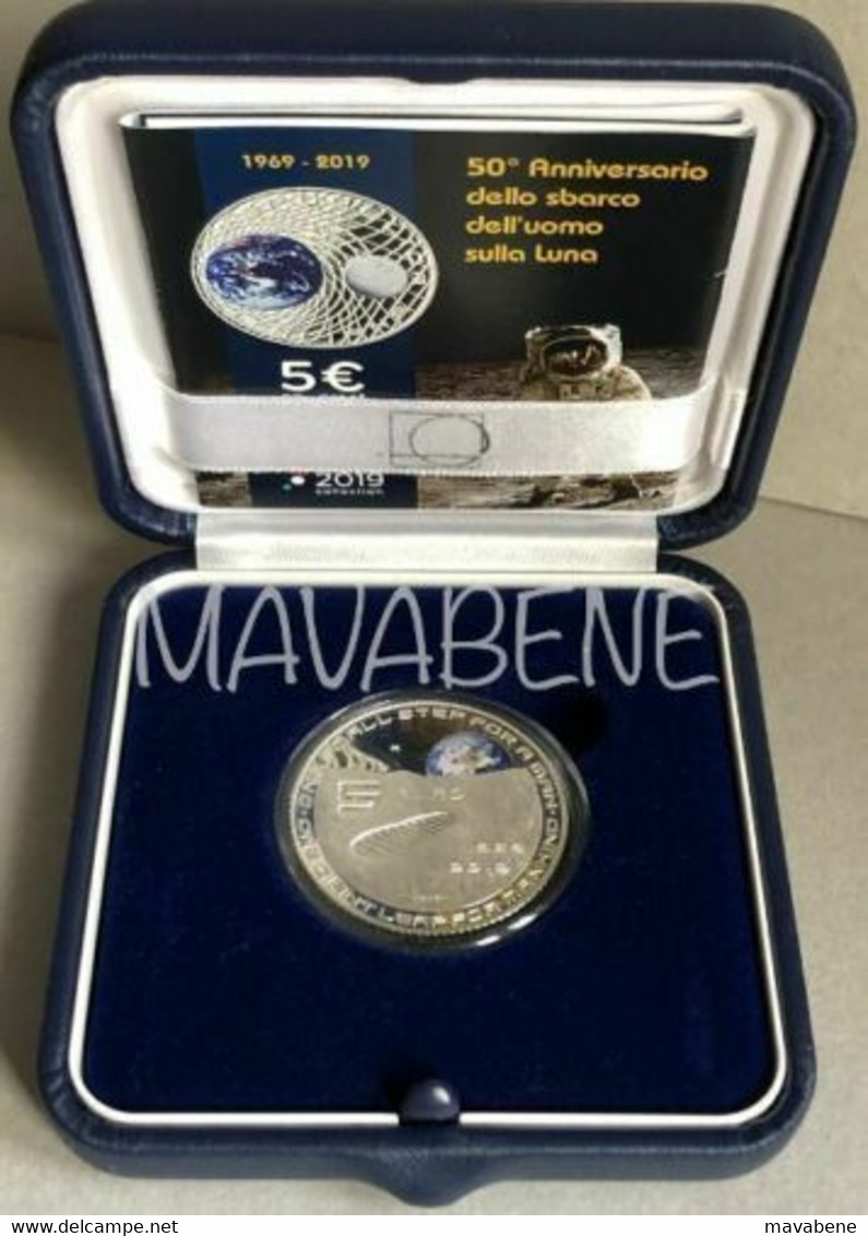 ITALIA 2019 MONETA SBARCO SULLA LUNA 5 EURO ARGENTO PROOF MOON LANDING SILVER IPZS - Collezioni