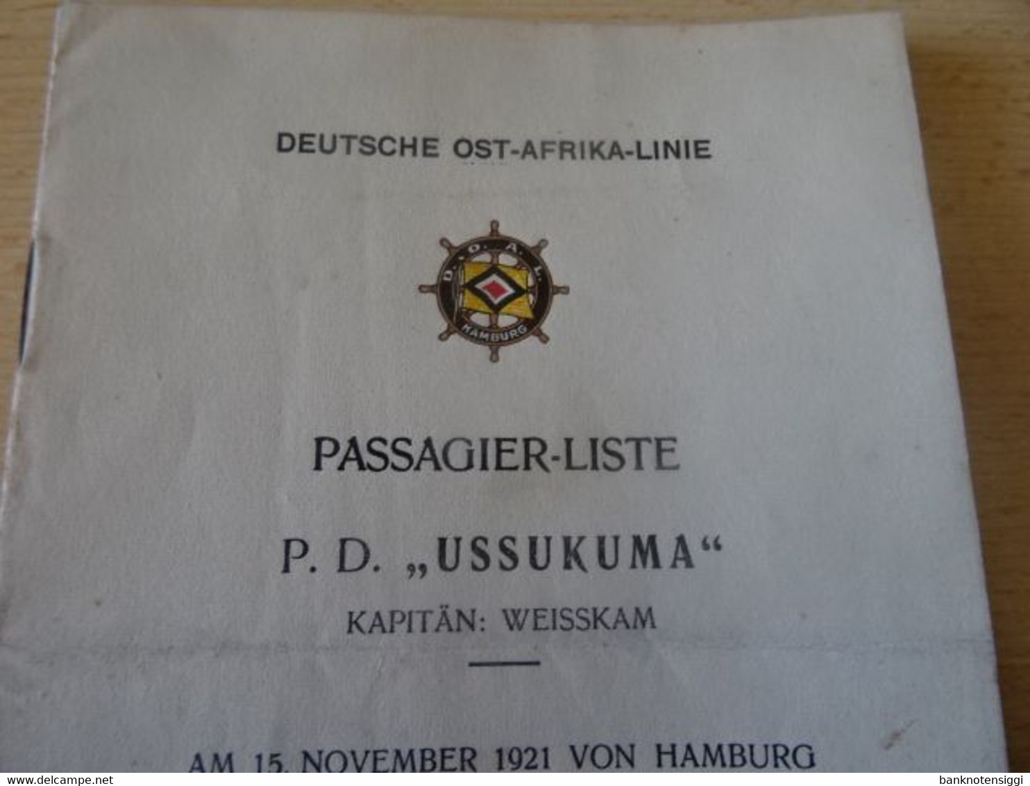 Deutsch-Ost-Afrika-Line  "Passagier-Liste P.D.USSUKUMA 1921 - Mondo
