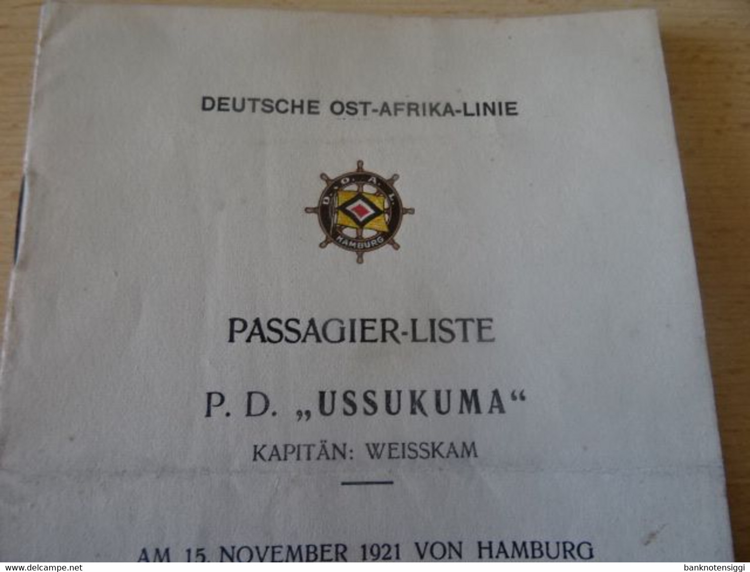 Deutsch-Ost-Afrika-Line  "Passagier-Liste P.D.USSUKUMA 1921 - Monde