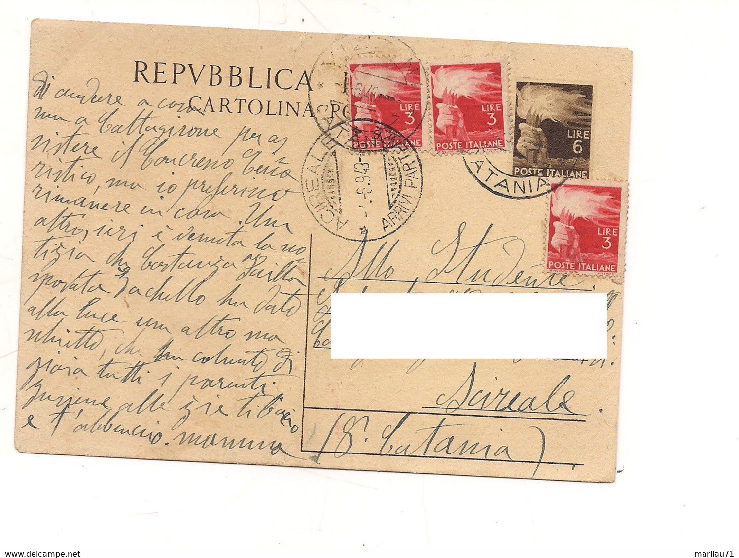 1216 INTERO POSTALE Democratica £6+£3x3 1949 Vizzini Catania - Postwaardestukken