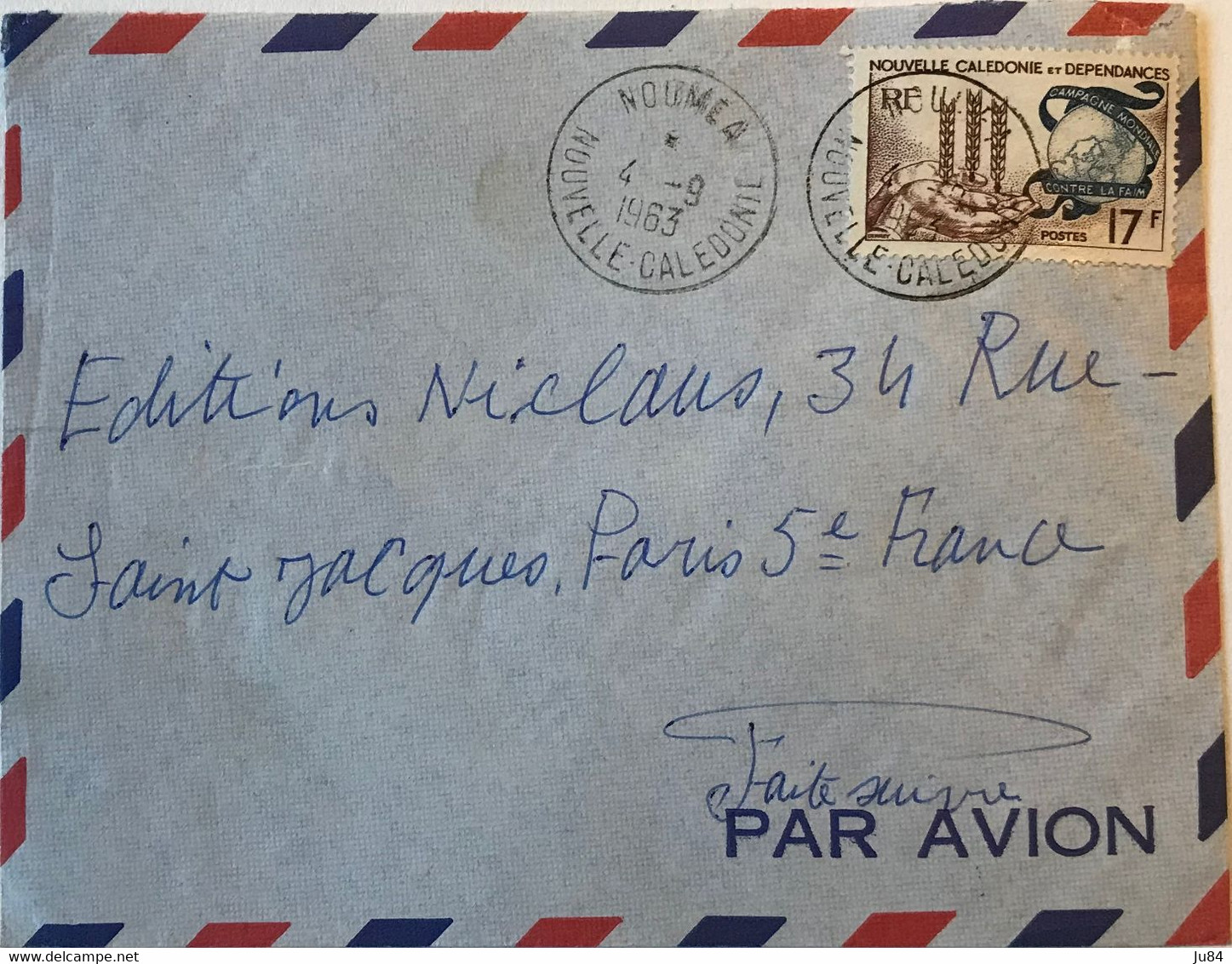 Nouvelle Calédonie - Nouméa - 17f Campagne Contre La Faim Seul Sur Lettre - Lettre Avion Pour La France - Septembre 1963 - Oblitérés