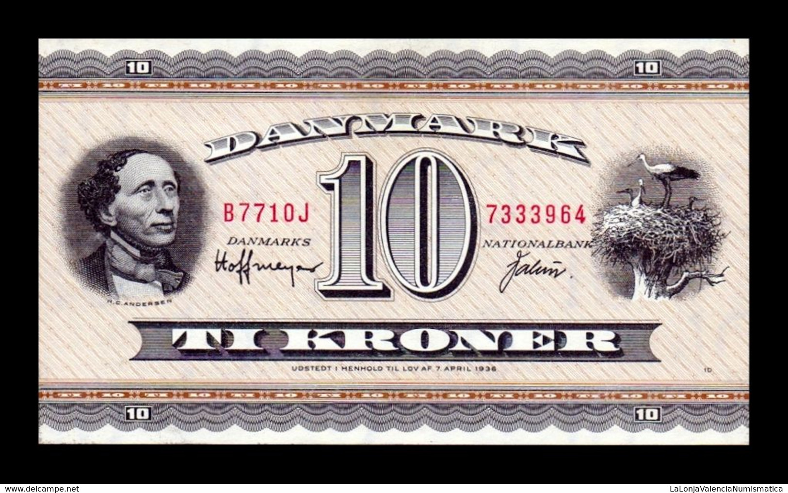 Dinamarca Denmark 10 Kroner Hans Christian Andersen 1971 Pick 44ae Prefijo B7 SC UNC - Danemark