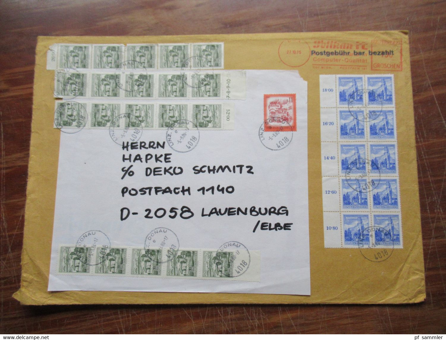 Österreich 1975 Freimarken In Einheiten Auf Großem Umschlag! Postgebühr Bar Bezahlt Und AFS Pelikan It Wien - Storia Postale