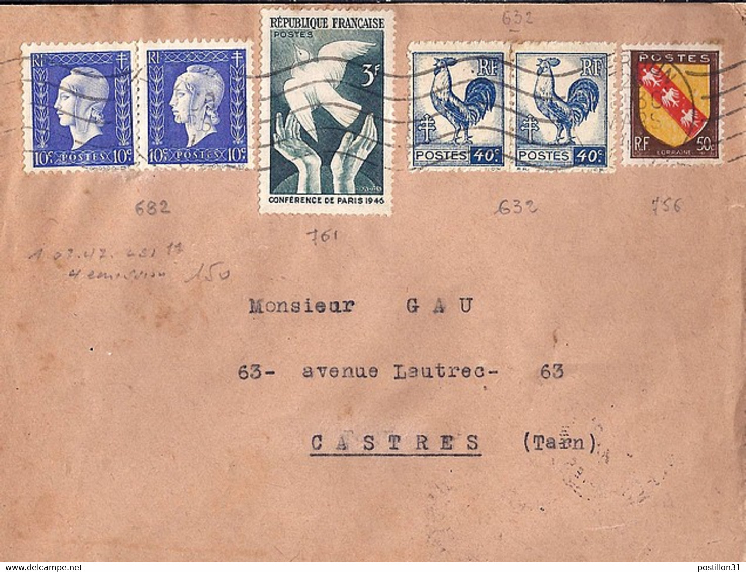 TYPE COQ ET MARIANNE D'ALGER N° 632x2/682x2/761/756  SUR LETTRE DE VERDUN / 26.3.47 - 1944 Gallo E Marianna Di Algeri