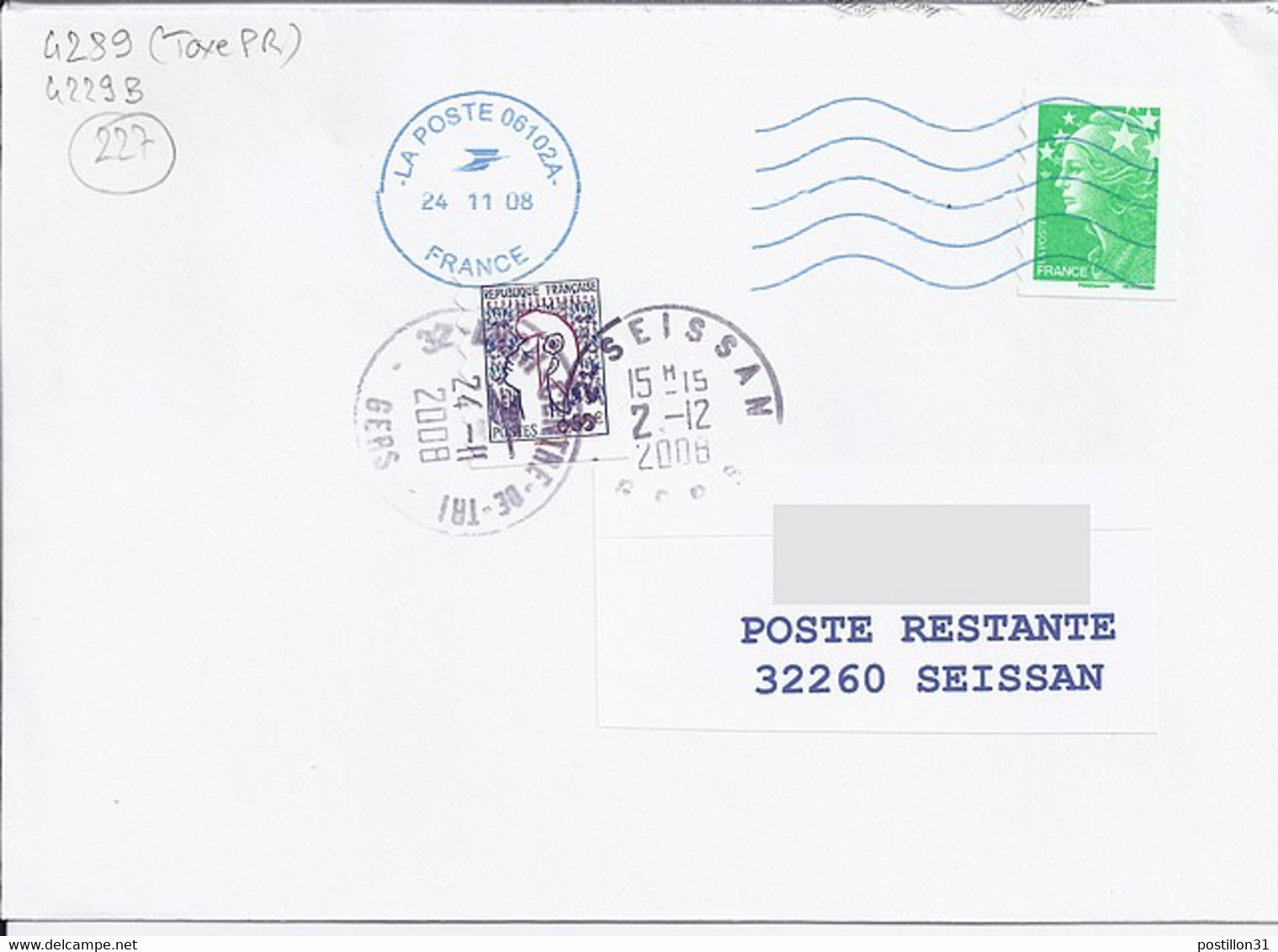 TYPE MARIANNE DE COCTEAU N° 4289  SUR LETTRE DE 24.11.08 EN TAXE DE POSTE RESTANTE - 1961 Marianne De Cocteau