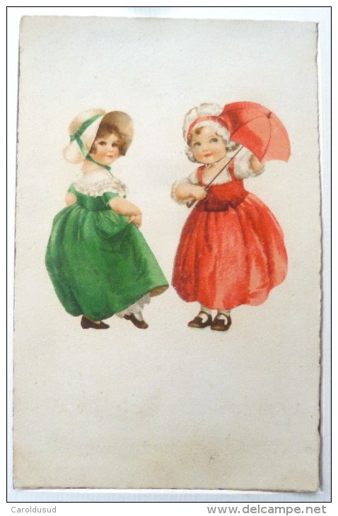 Cpa Litho Illustrateur CLAPSADDLE Ns Duo Enfant  1x Robe Verte Et 1x Rouge + Parapluie Voyagé 1922 Hexagonal Yonne - Clapsaddle