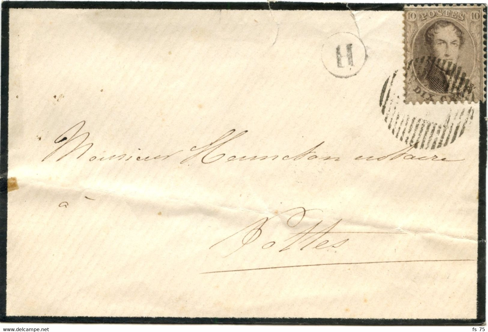 BELGIQUE - N°13A OBL. A BARRES DE DISTRIBUTION 4 + TAD CELLES + BOITE H SUR LETTRE DE LA BARONNE GILLES - 1863-1864 Medaillen (13/16)