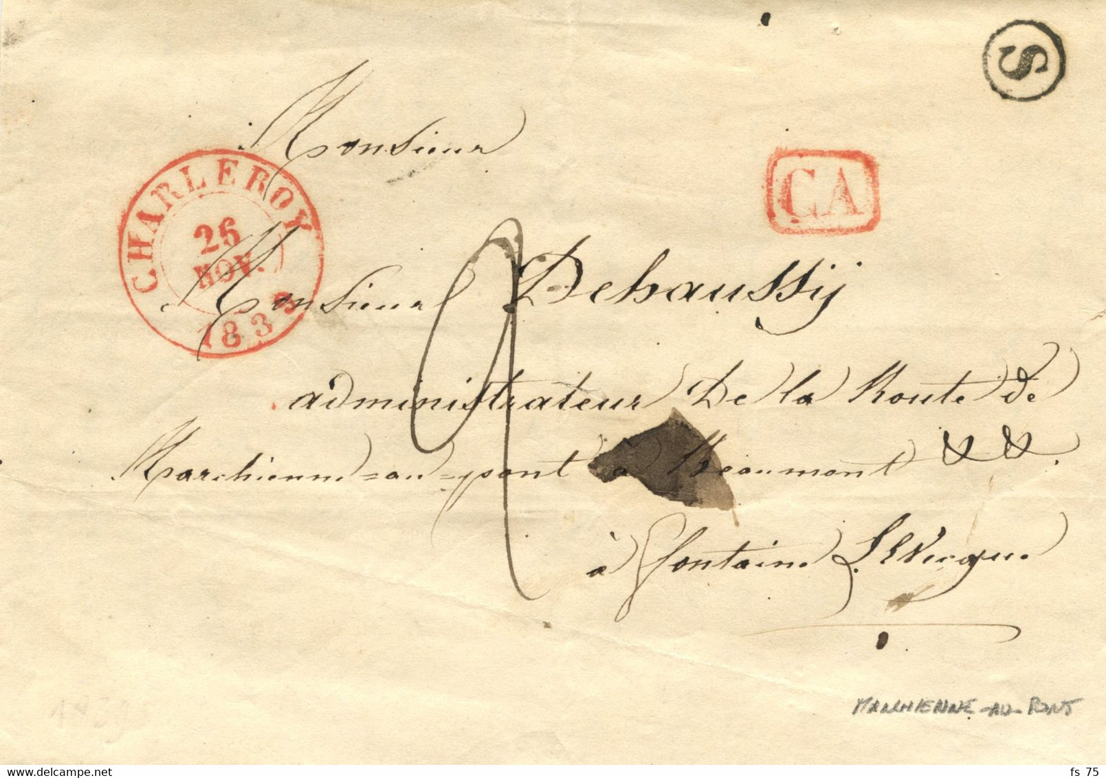 BELGIQUE - TAD CHARLEROY + CA + BOITE RURALE S SUR LETTRE AVEC CORRESPONDANCE DE MARCHIENNE AU PONT, 1839 - 1830-1849 (Independent Belgium)