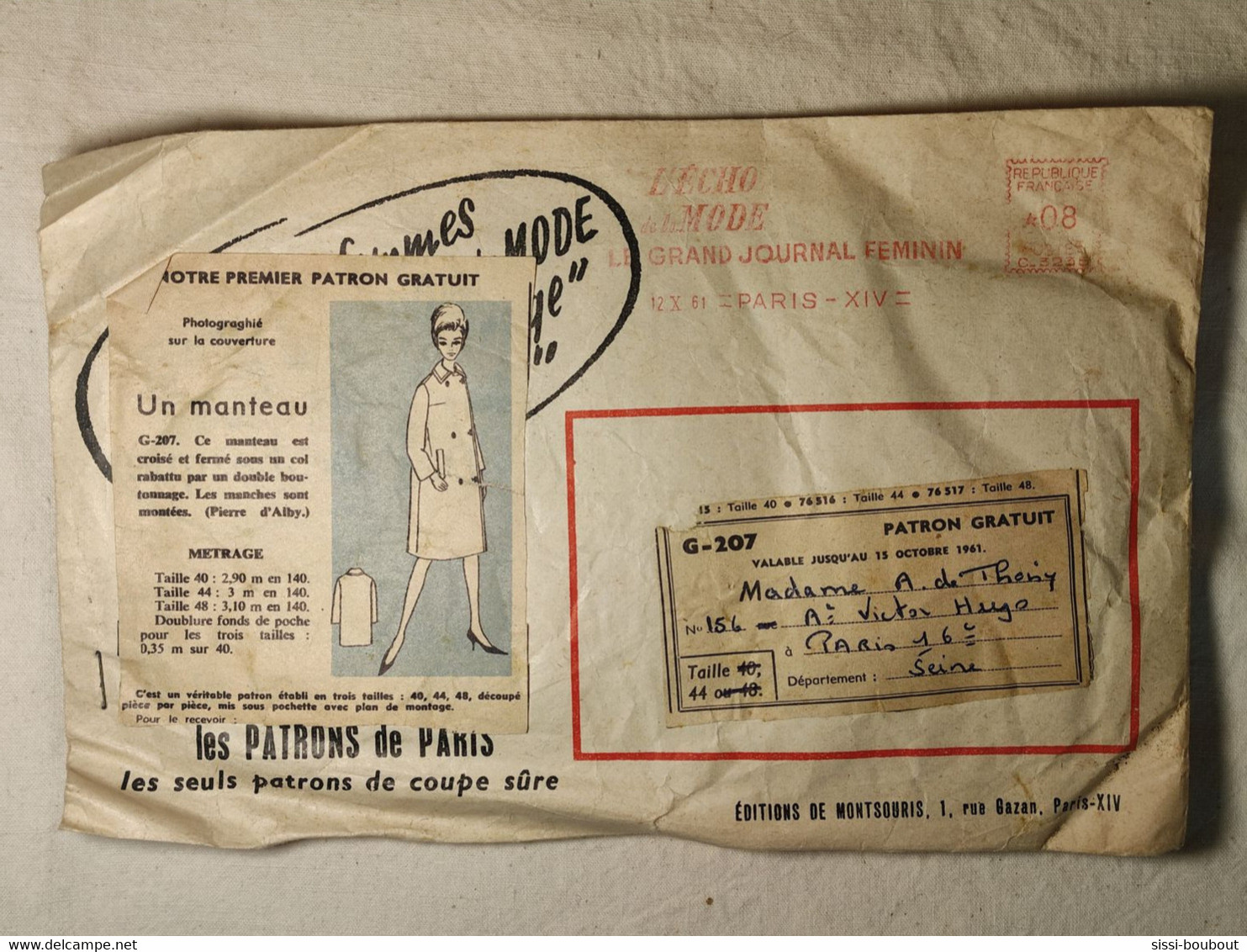 Ancien Patron De La Revue "L'ECHO DE LA MODE" De 1961 - Taille 44 - N°G207 - Manteau - Schnittmuster