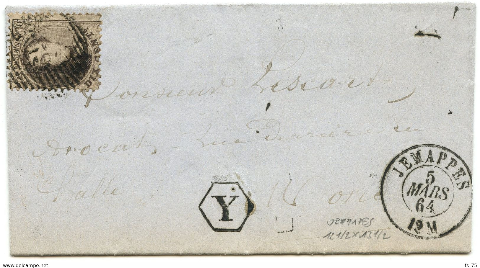 BELGIQUE - N°14A OBLITERERATION A BARRES + TAD JEMAPPES + BOITE RURALE Y SUR LETTRE AVEC CORRESPONDANCE DE JEMMAPES,1864 - 1863-1864 Medaglioni (13/16)
