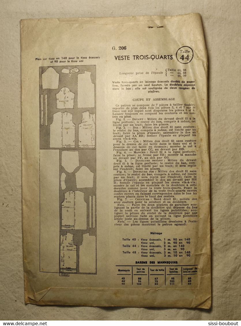 Ancien Patron De La Revue "L'ECHO DE LA MODE" De 1961 - Taille 44 - N°G206 - Une Veste Trois Quarts - Patrons