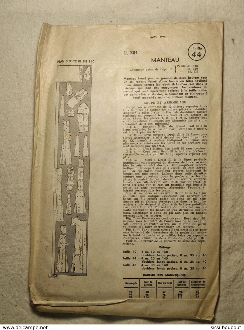 Ancien Patron De La Revue "L'ECHO DE LA MODE" De 1961 - Taille 44 - N°G204 - Un Manteau à Plis - Patrons