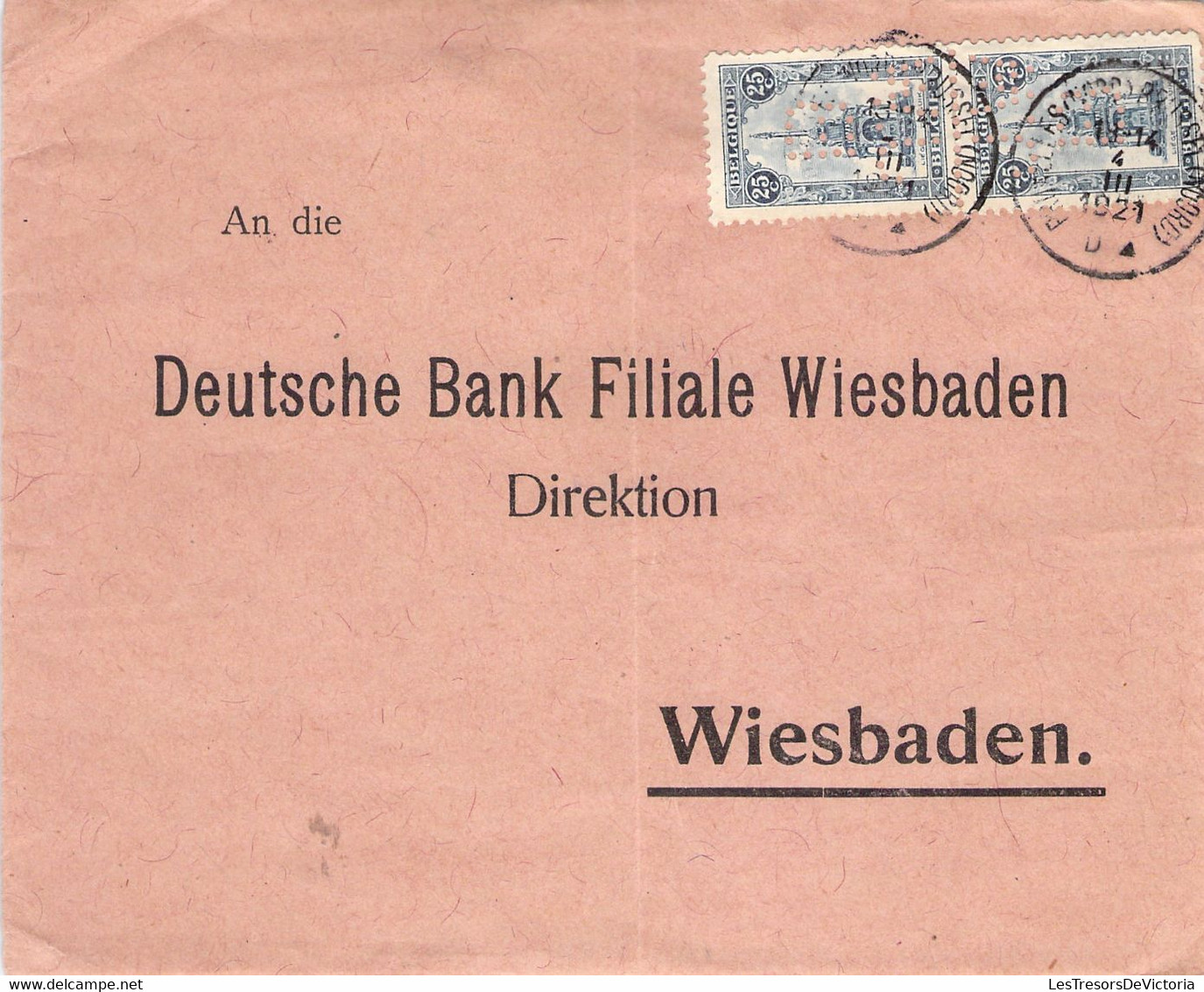 COB 164 X2 Sur Devant De Lettre - Obl 1921 à Bruxelles - Envoyé à Deutsche Bank Wiesbaden En Allemagne - Cartas & Documentos