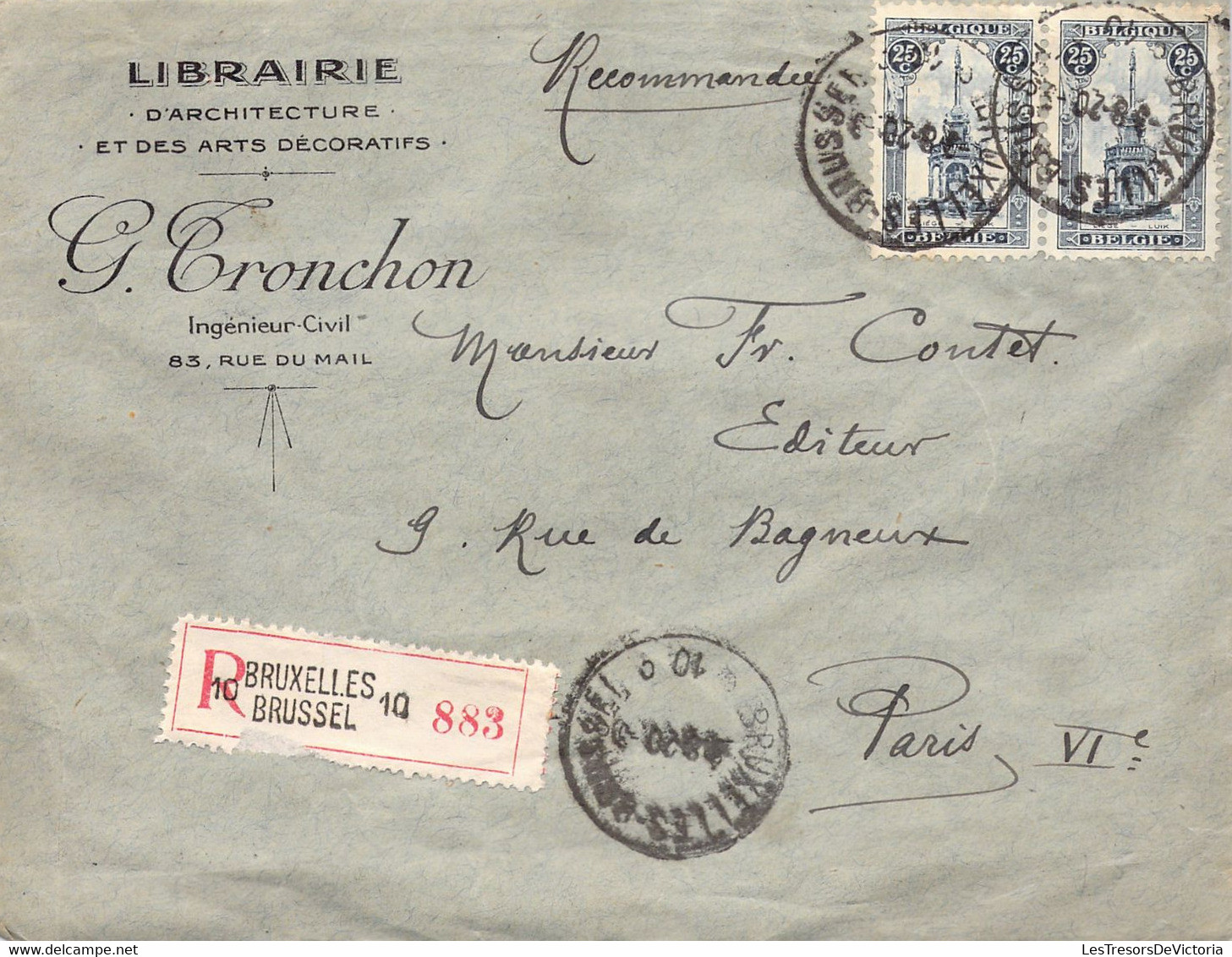 COB 164 X2 Sur Lettre - Obl 1920 à Bruxelles - Envoyé En Recommandé De La Librairie Tronchon à Paris VI - Briefe U. Dokumente