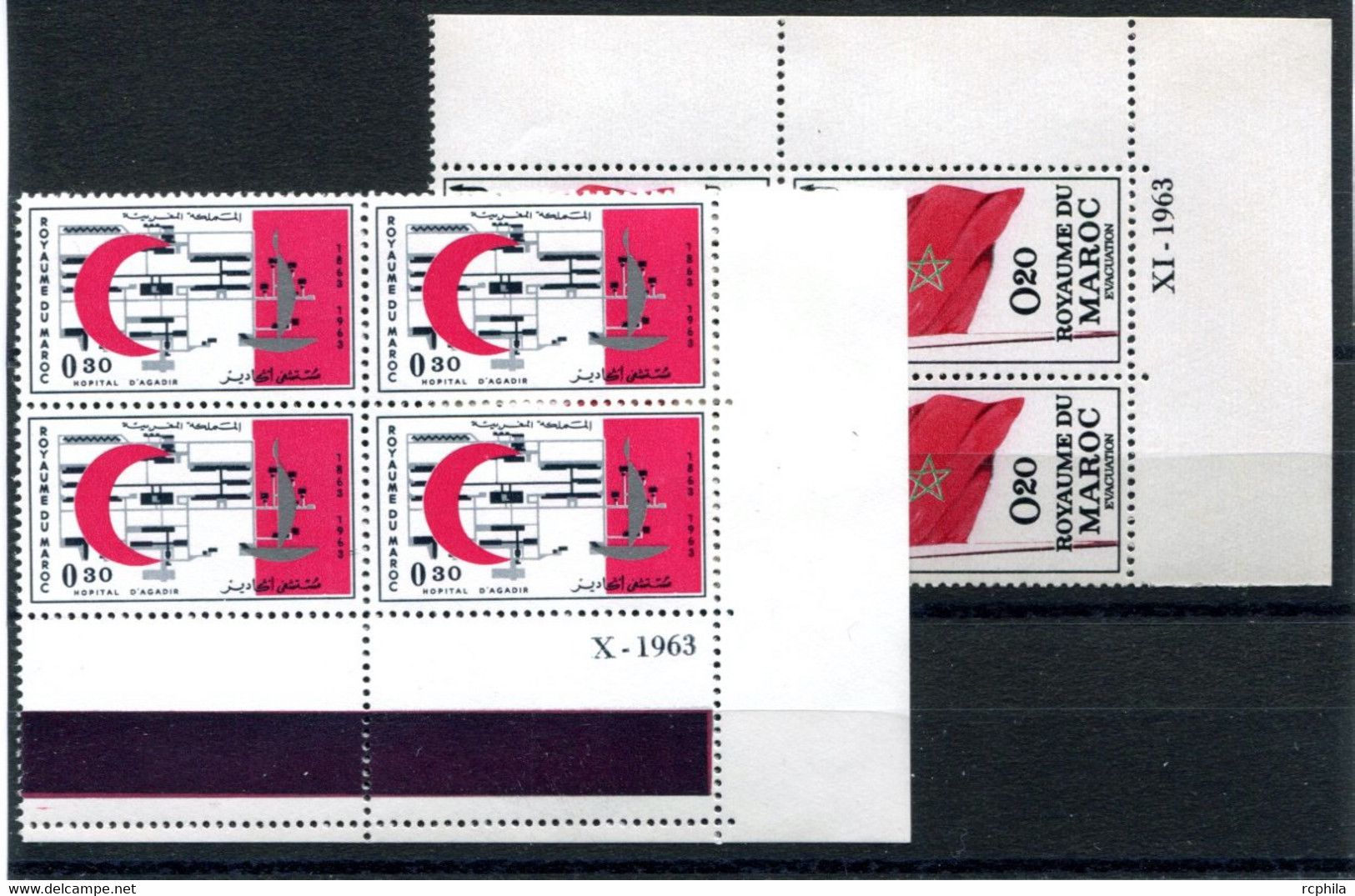 RC 22639 MAROC N° 467 + 470 CROIX ROUGE + DRAPEAU BLOC DE 4 COIN DATE NEUF ** MNH TB - Marokko (1956-...)