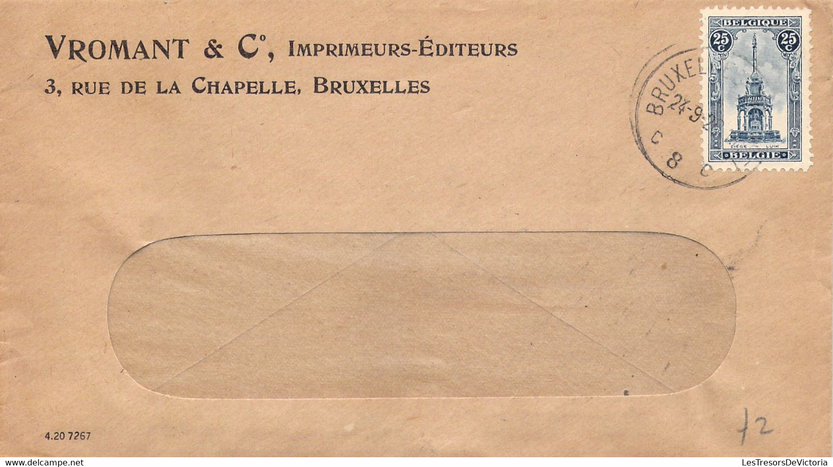 Lot De Deux Enveloppes COB 164 Sur Lettre - Obl 1920  à Bruxelles - Enveloppe Vromant Imprimeurs Editeurs - Lettres & Documents