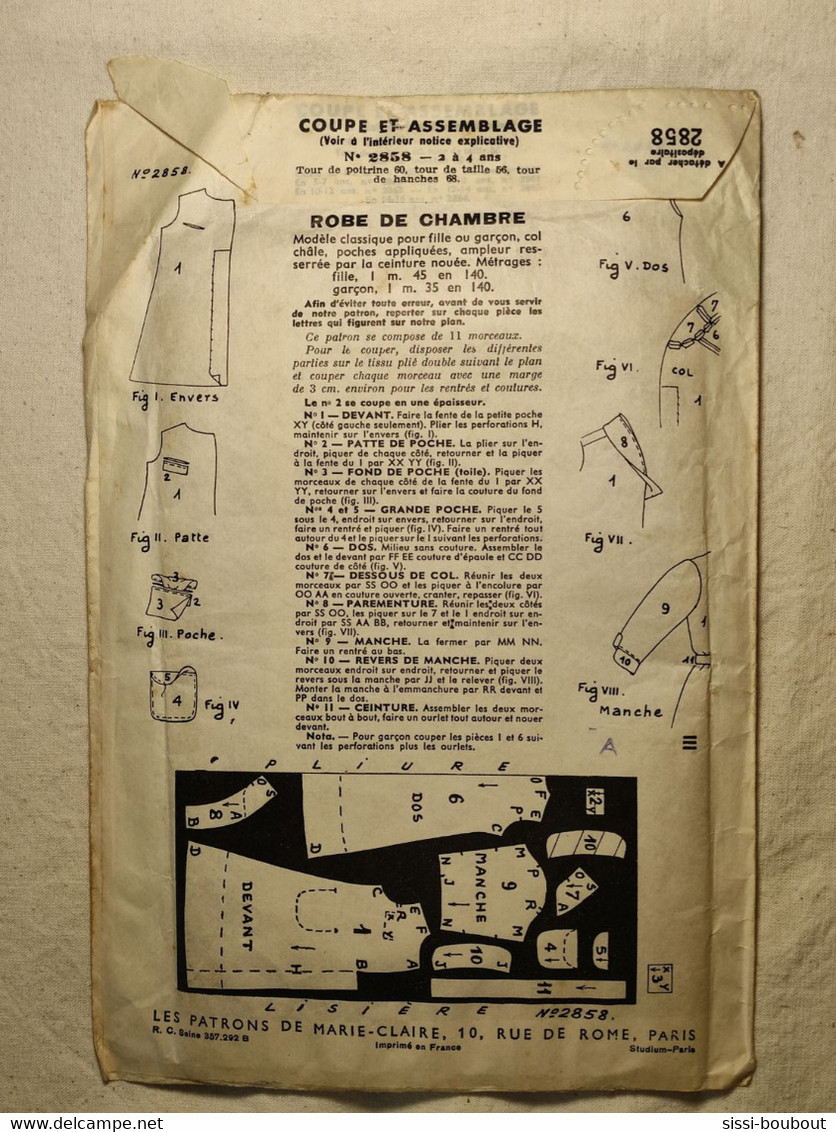 Ancien Patron De La Revue "MARIE CLAIRE" Des Années 60 - Taille 2 à 4ans - N°2858 - Une Robe De Chambre - Schnittmuster