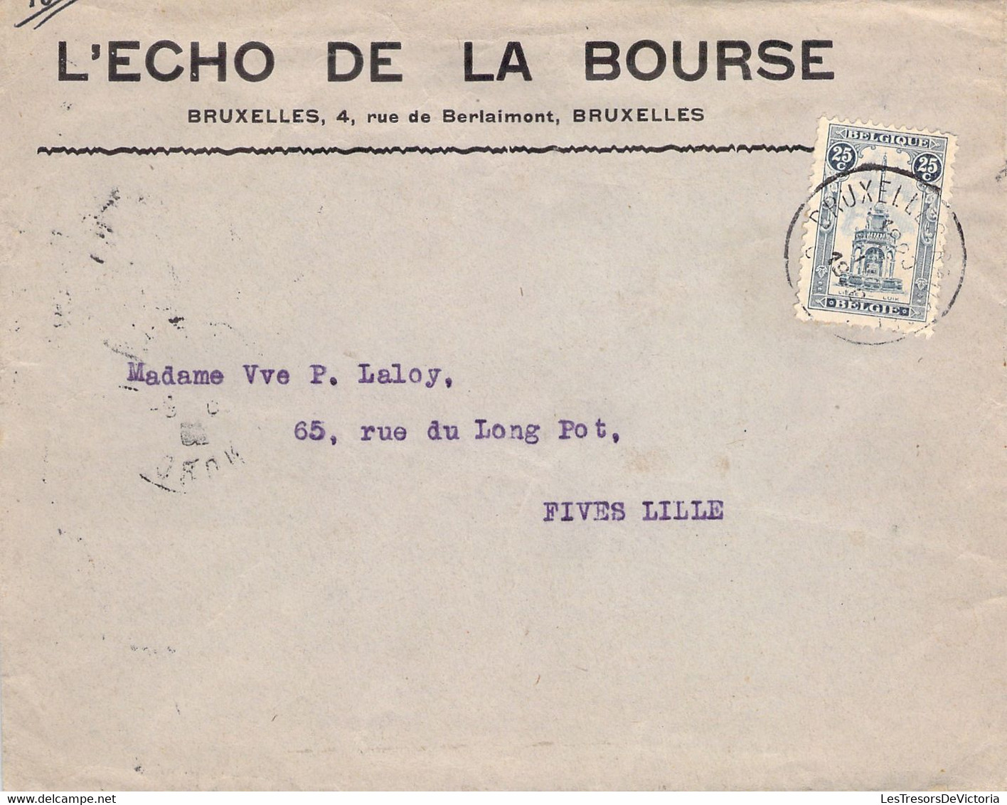 COB 164 Sur Lettre - Obl 1920  à Bruxelles - Enveloppe L'echo De La Bourse Envoyé à Fives Lille - Briefe U. Dokumente