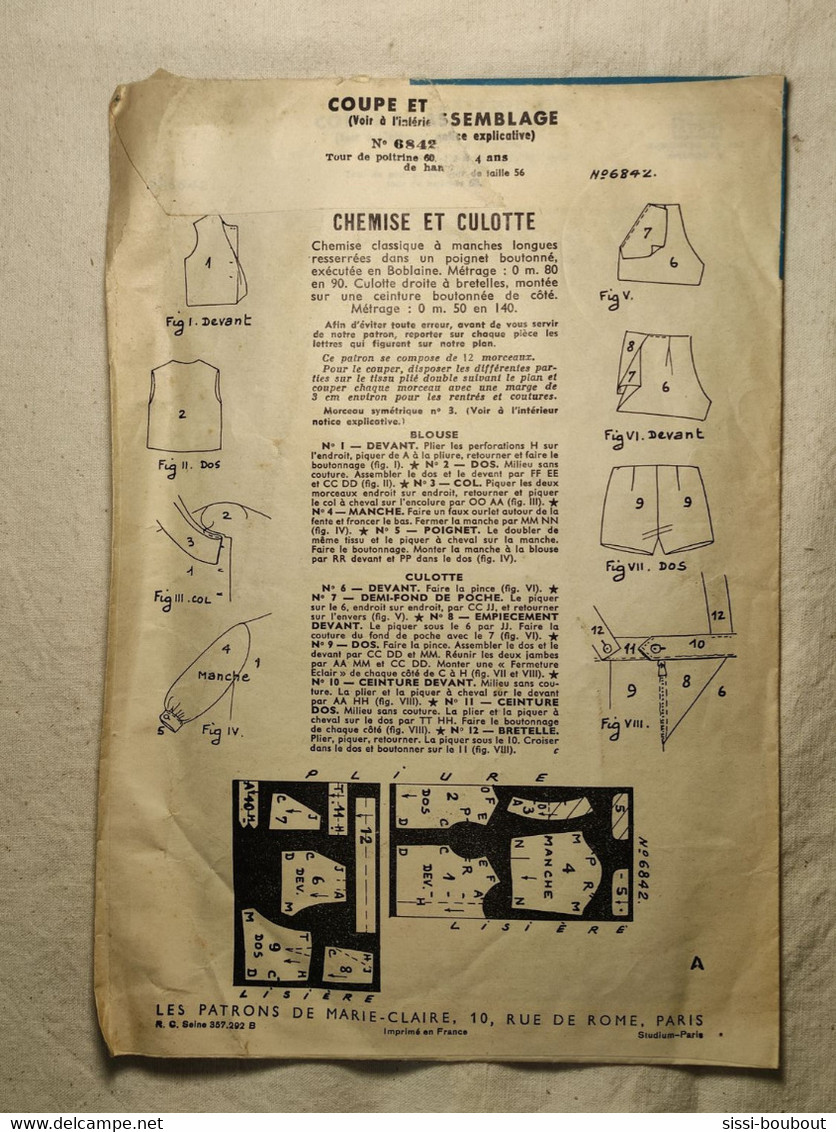 Ancien Patron De La Revue "MARIE CLAIRE" Des Années 60 - Taille 2 à 4 Ans - N°6842 - Chemise Et Culotte - Patrons