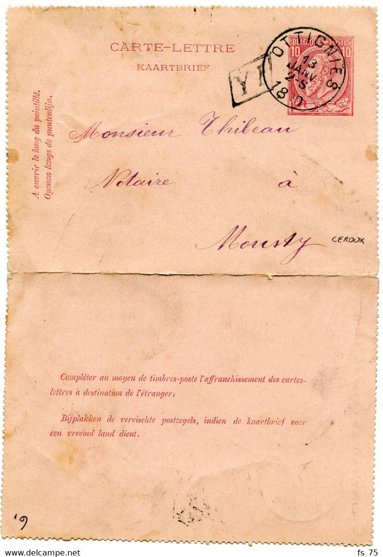 BELGIQUE - ENTIER CARTE LETTRE 10C LEOPOLD II OBLITERE TAD OTTIGNIES + BOITE RURALE Y F DE CEROUX, 1890 - Carte-Lettere