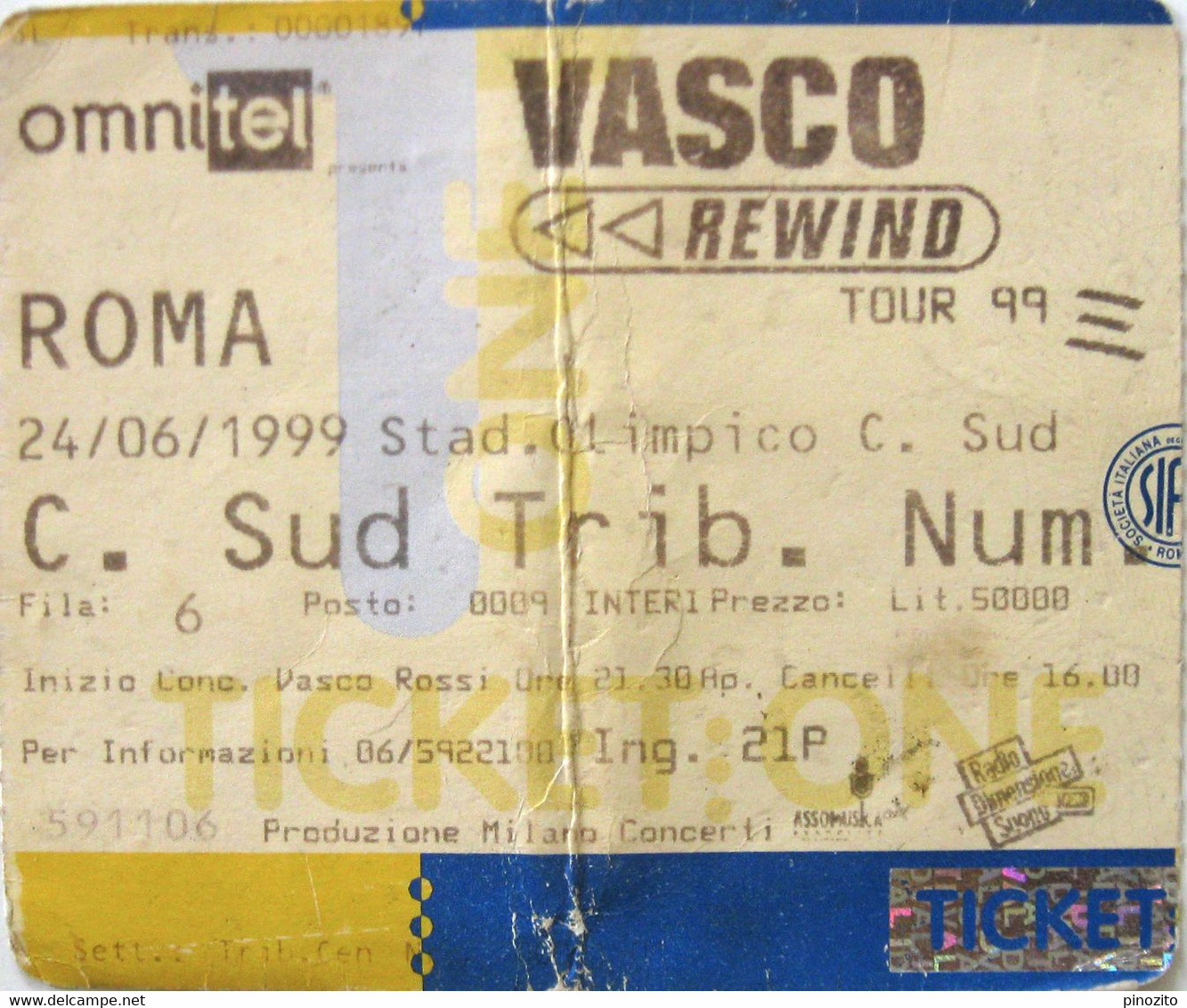 VASCO ROSSI Rewind Tour Biglietto Concerto Ticket Roma 1999 Stadio Olimpico - Konzertkarten