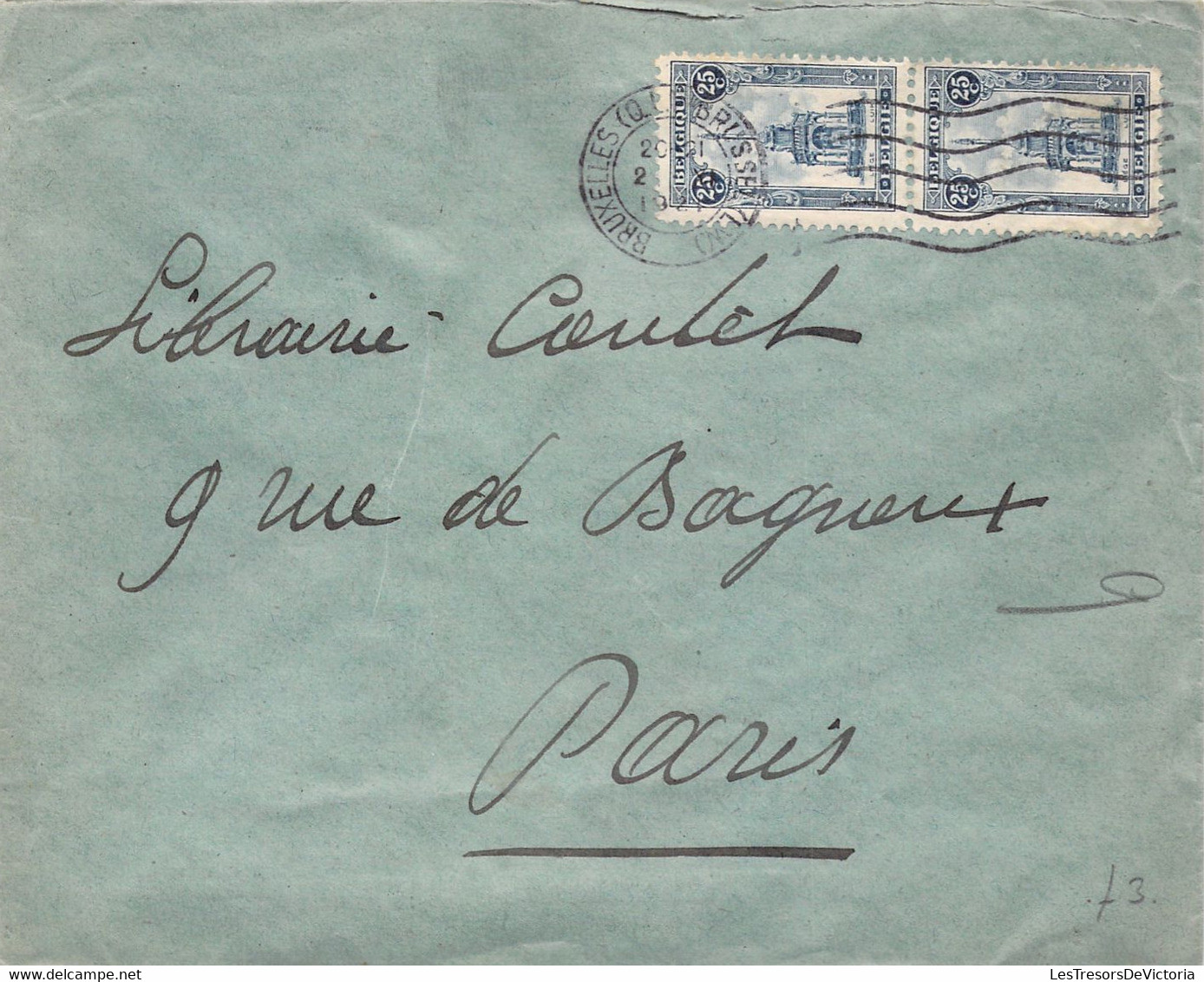 COB 164 X2 Sur Lettre - Obl 1921  à Bruxelles - Enveloppe Envoyée à Une Librairie Parisienne - Briefe U. Dokumente