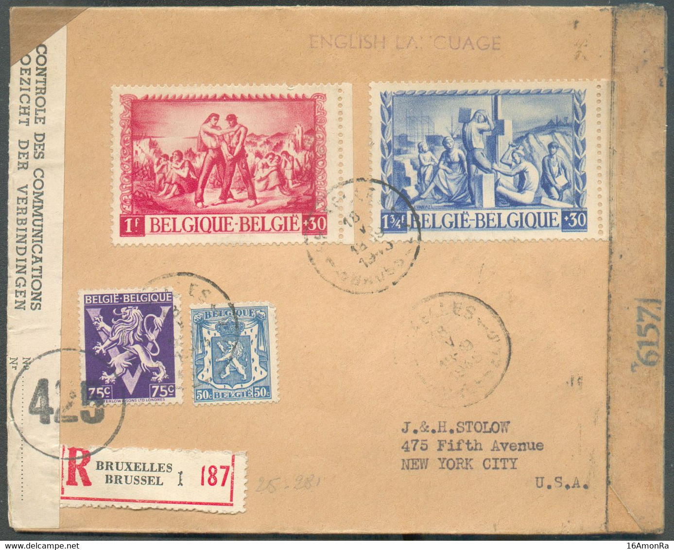 Lettre Recommandée Affr. à 4Fr. (dont Bonnes Valeurs) Obl. Sc BRUXELLES 1 Du 18-V-1945 Vers New York (USA) + Bande De Co - Storia Postale