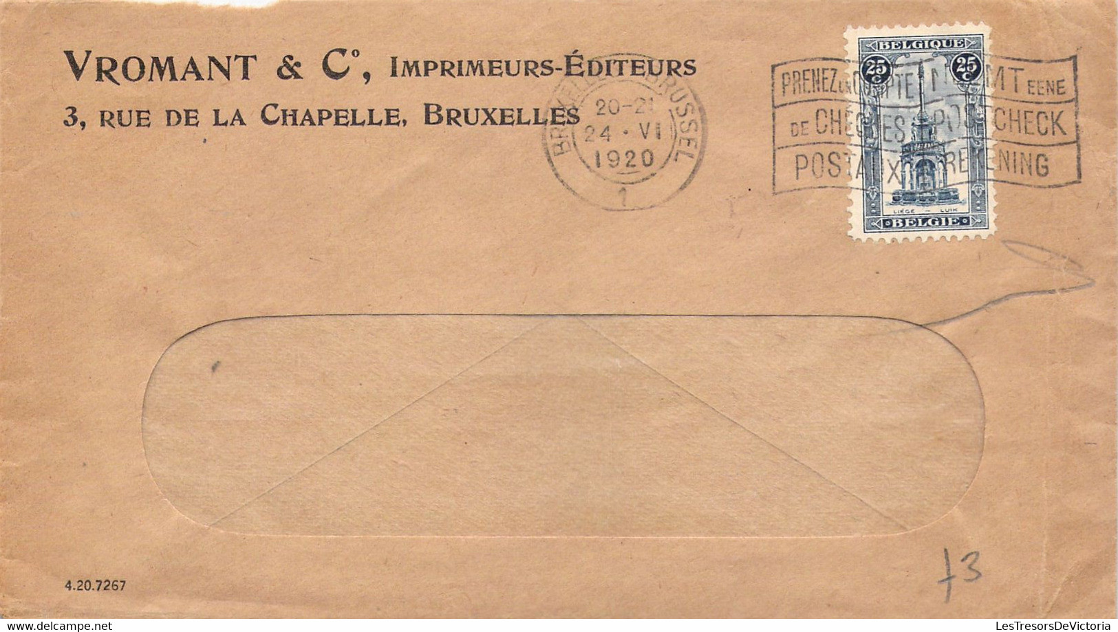 COB 164 Sur Lettre - Obl 1920  à Bruxelles - Enveloppe Vromant Imprimeurs Flamme Prenez Un Compte De Chèques Postaux - Sellados Mecánicos