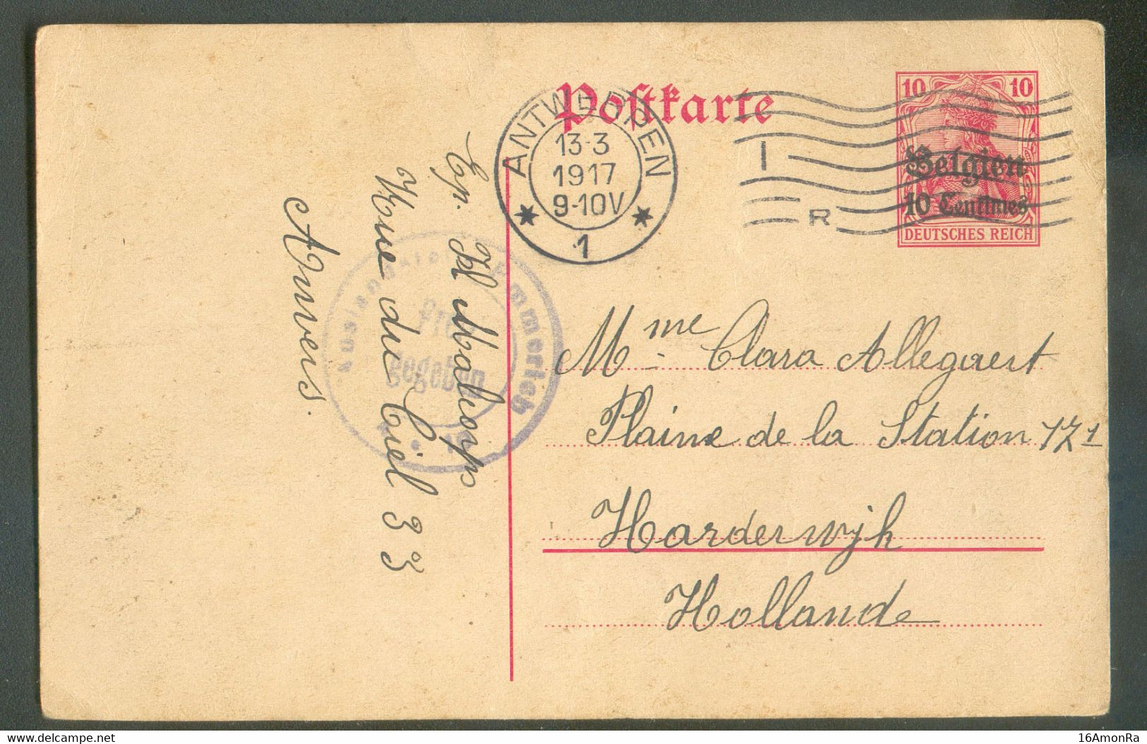 E.P. Carte 10c.s/10pfg Obl. Méc. D'ANVERS 13-3-1917 Vers Camp D'Harderwijk. - 19220 - Kriegsgefangenschaft