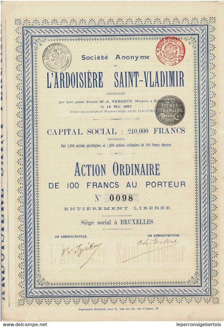 Titre De 1897 - Société Anonyme De L'Ardoisière Saint-Vladimir - - Mijnen