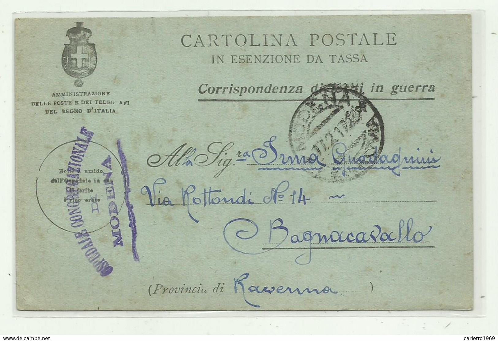 CARTOLINA POSTALE - CORRISPONDENZA DI FERITI IN GUERRA - OSPEDALE CONGREGAZIONALE MODENA 1917 - Portofreiheit