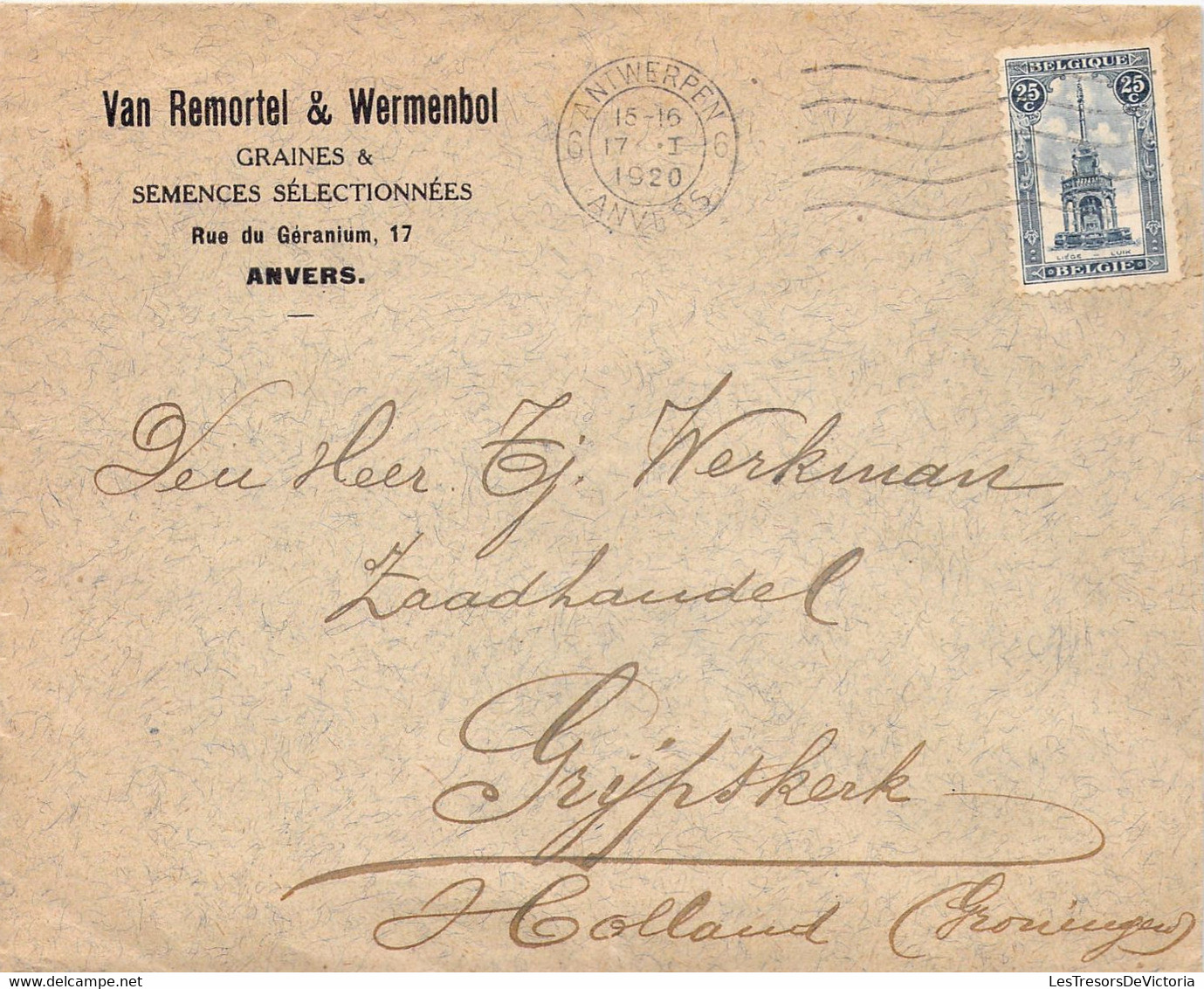 COB 164 Sur Lettre - Obl 1920  à Antwerpen Anvers - Enveloppe Van Remortel Et Wermenbol Envoyé En Hollande - Storia Postale