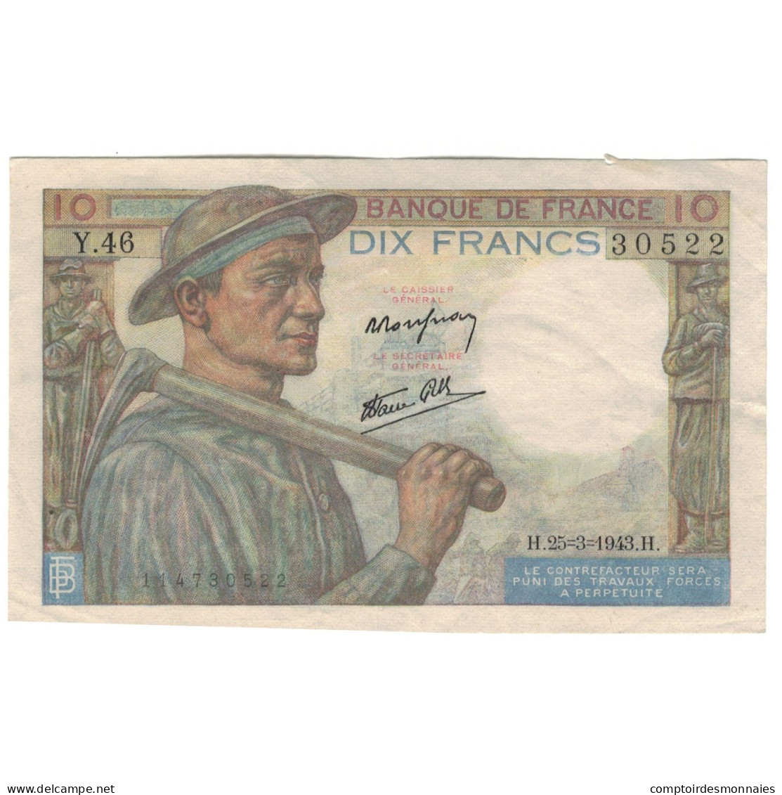 France, 10 Francs, Mineur, 1943, Y.46, SUP, Fayette:08.08, KM:99e - 10 F 1941-1949 ''Mineur''